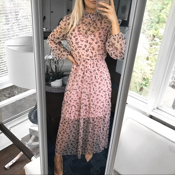 🆕BLUSH FLORAL FISHNET HIGH NECK LONG SLEEVE DRESS - Picture 7 of 11